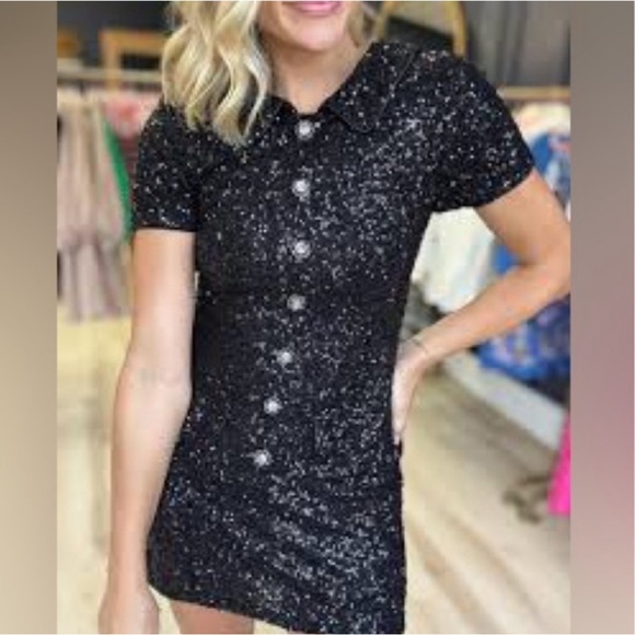 MABLE Anthropologie Black Sequin Mod Mini Dress Peter Pan Collar Party Small New - Picture 10 of 16